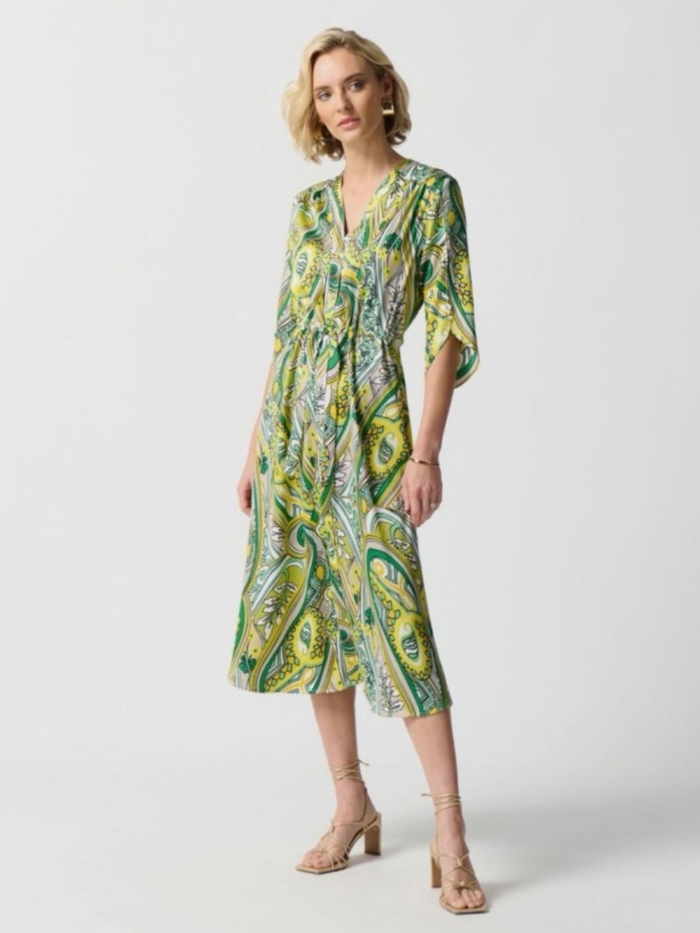 Joseph Ribkoff Yellow-Green Paisley V-Neck Midi Dress